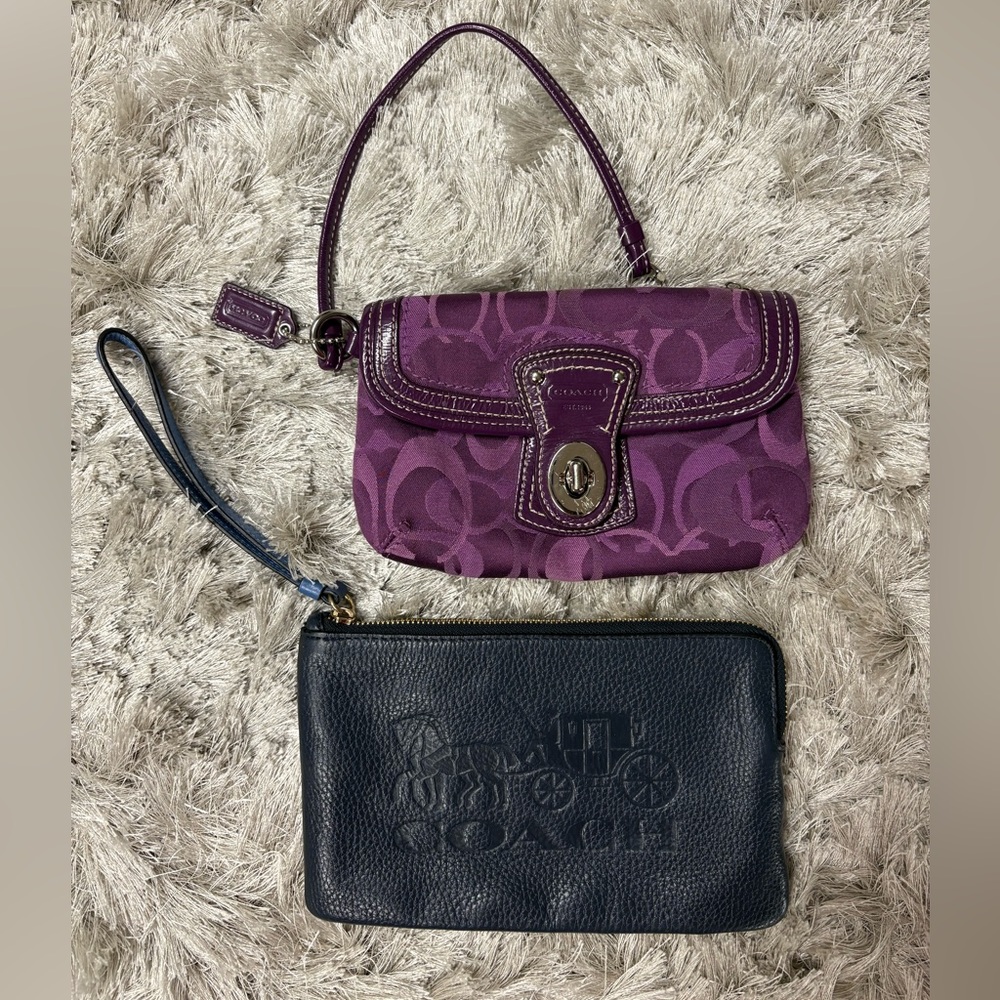 Coach Purple and navy blue leather coach wristlet.